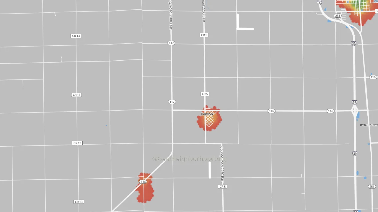 Walk Grade map of Benson, IL, walkable areas in green and car-dependent areas in red