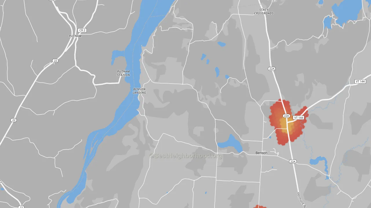 Walk Grade map of Benson Landing, VT, walkable areas in green and car-dependent areas in red