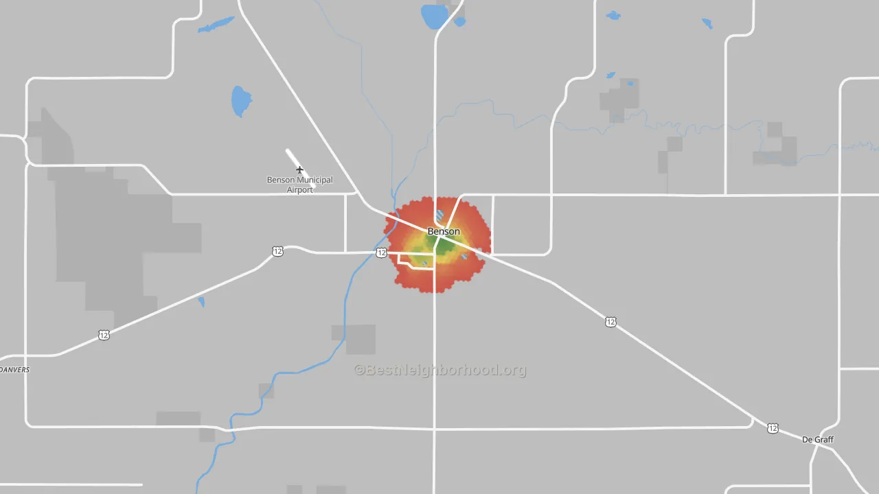 Walk Grade map of Benson, MN, walkable areas in green and car-dependent areas in red