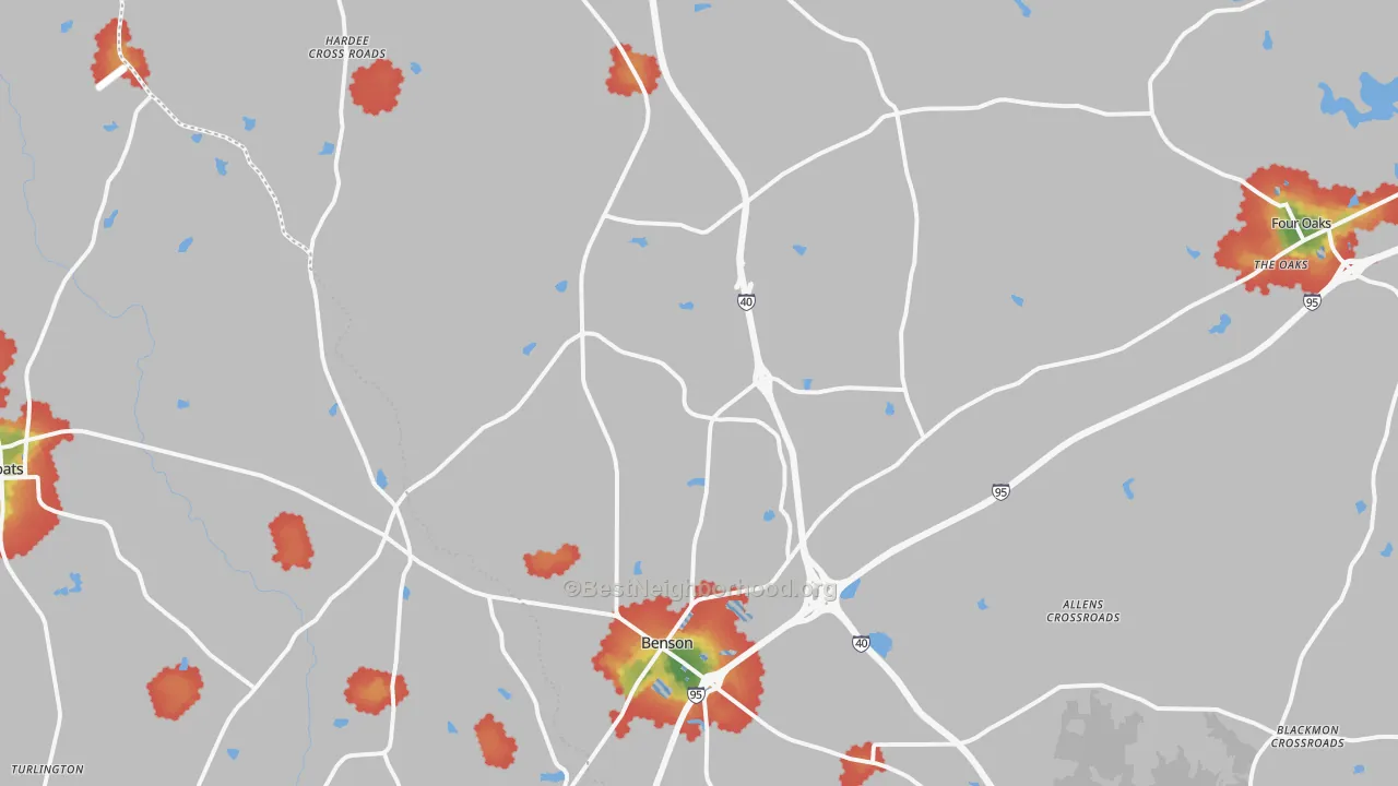 Walk Grade map of Benson, NC, walkable areas in green and car-dependent areas in red