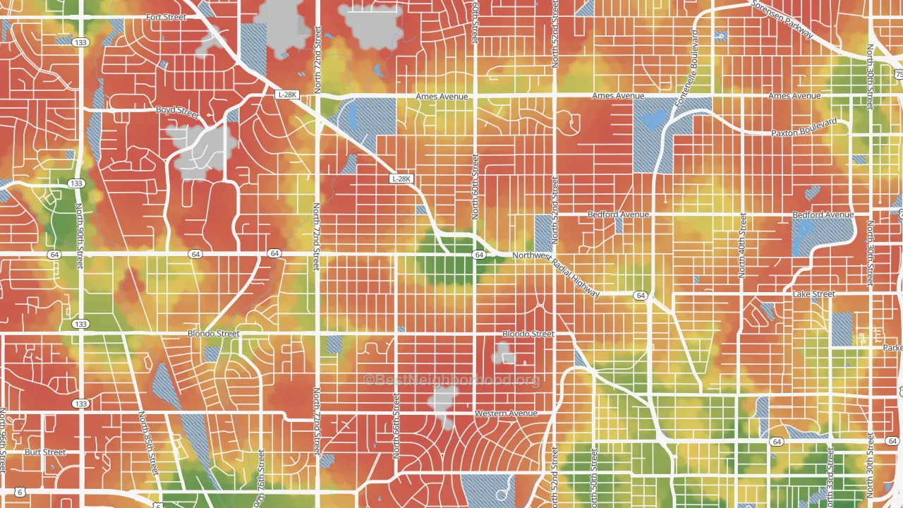 Walk Grade map of Benson, Omaha, NE, walkable areas in green and car-dependent areas in red