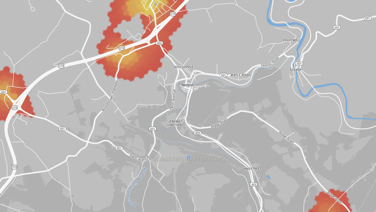 Walk Grade map of Benson, PA, walkable areas in green and car-dependent areas in red