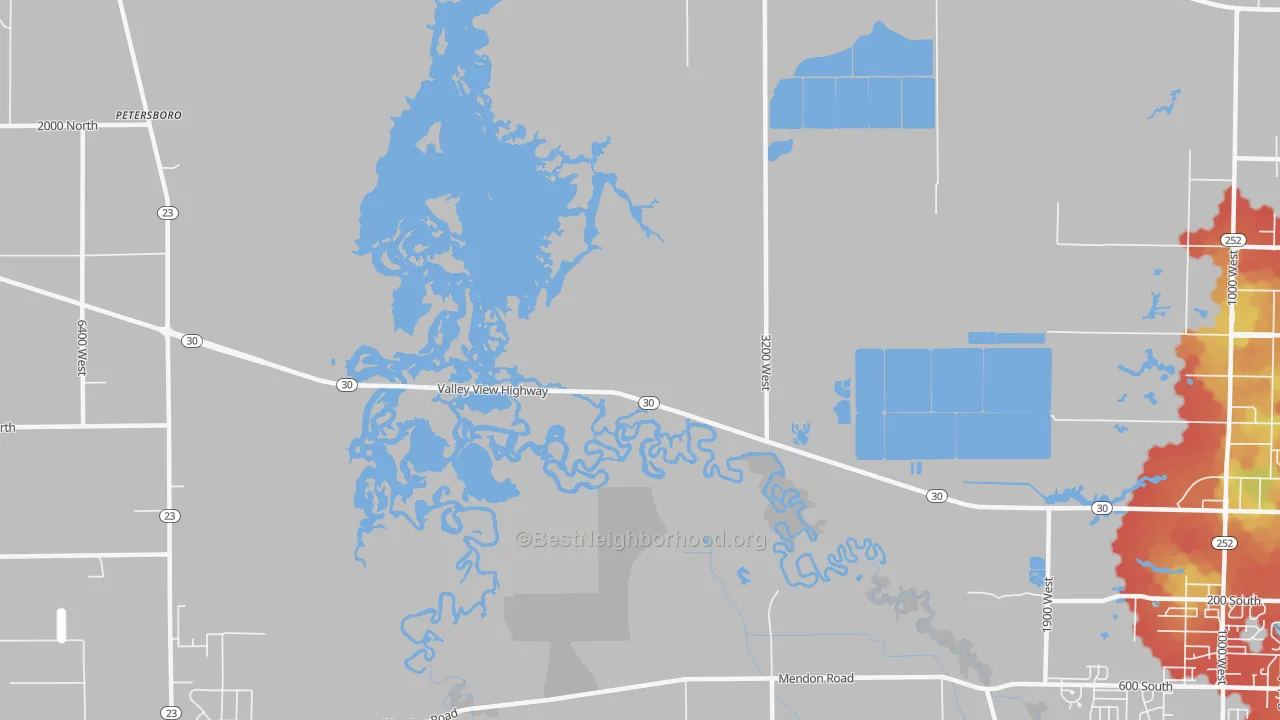 Walk Grade map of Benson, UT, walkable areas in green and car-dependent areas in red