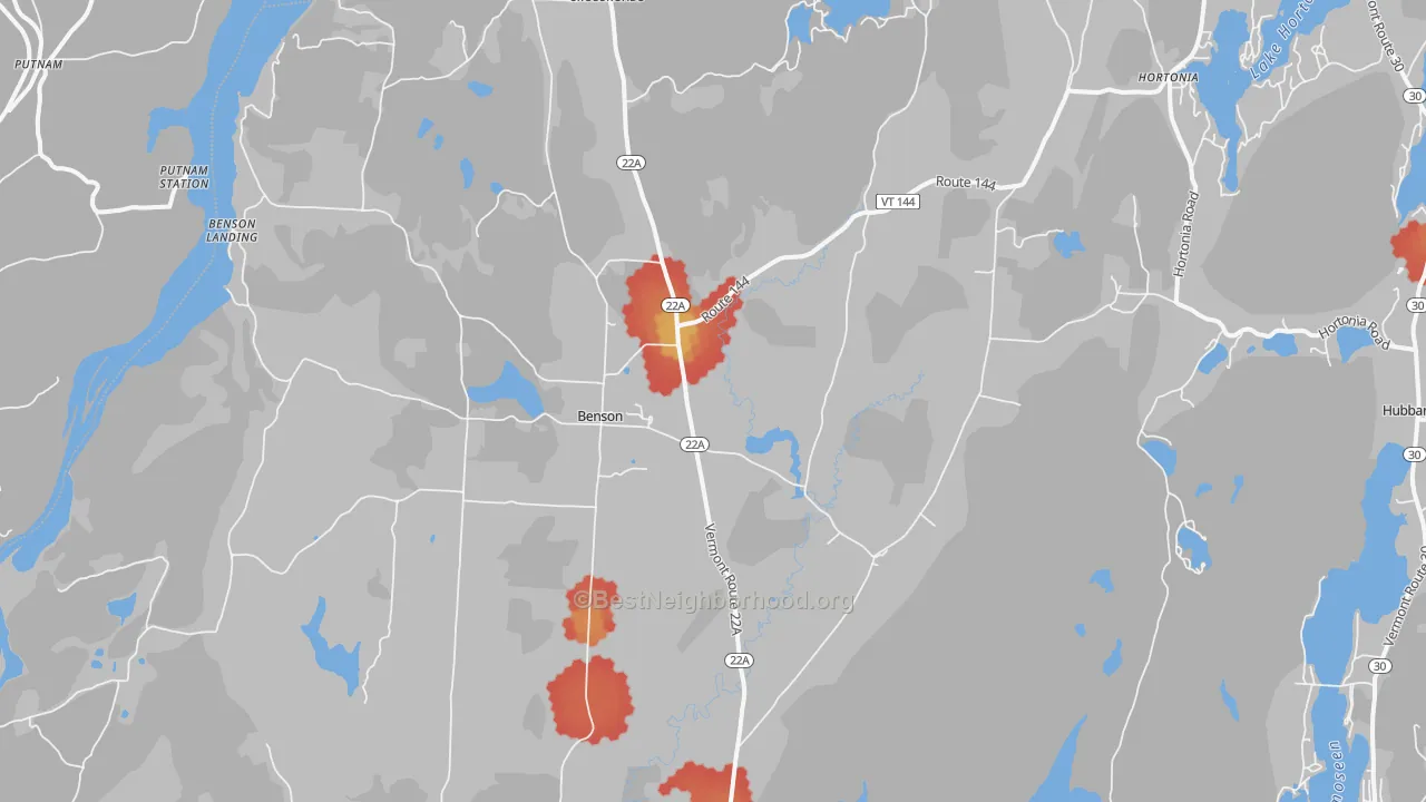 Walk Grade map of Benson, VT, walkable areas in green and car-dependent areas in red