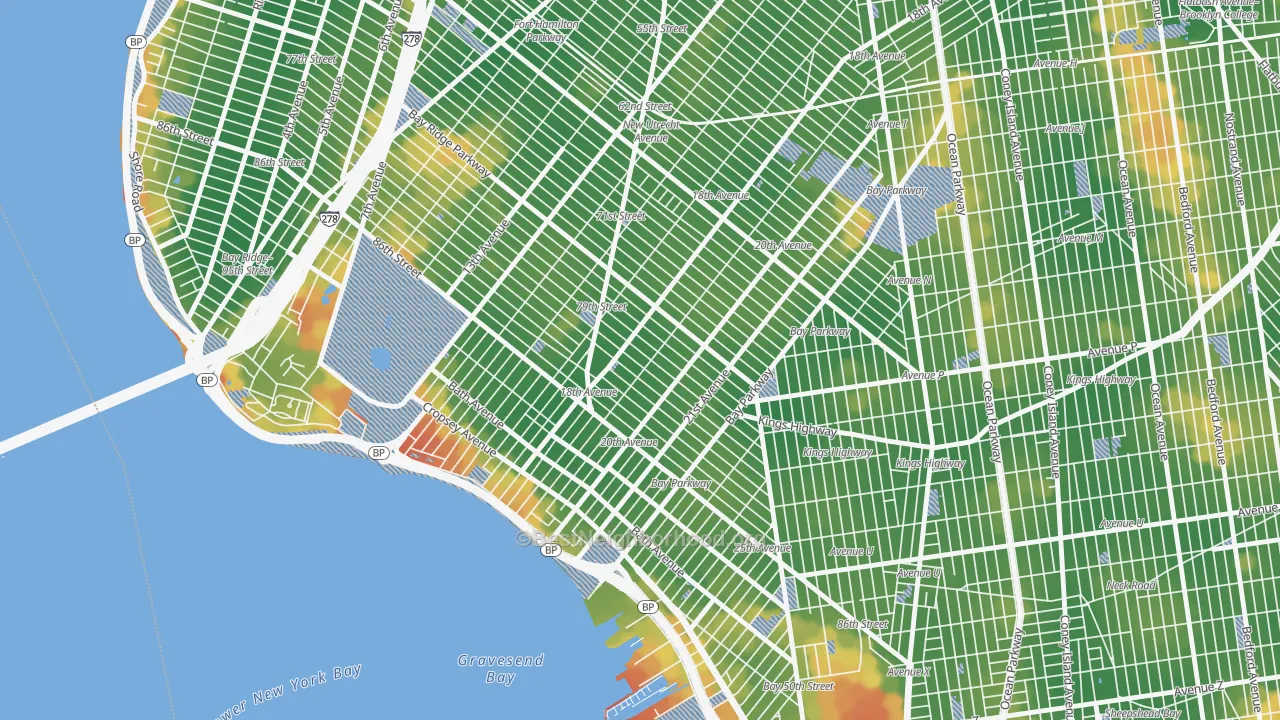Walk Grade map of Bensonhurst, Brooklyn, NY, walkable areas in green and car-dependent areas in red