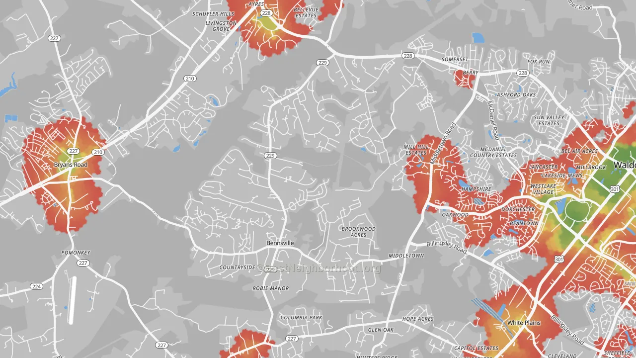 Walk Grade map of Bensville, Waldorf, MD, walkable areas in green and car-dependent areas in red
