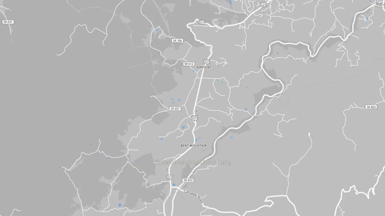 Walk Grade map of Bent Mountain, VA, walkable areas in green and car-dependent areas in red