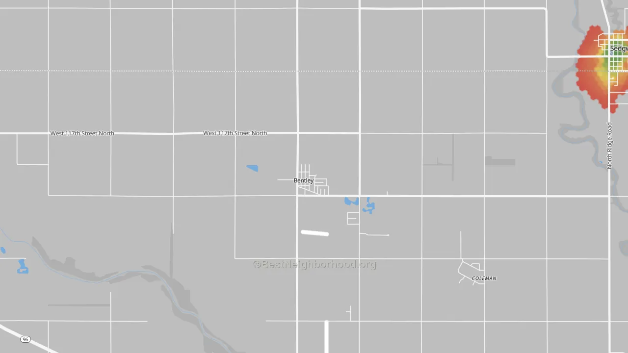 Walk Grade map of Bentley, KS, walkable areas in green and car-dependent areas in red
