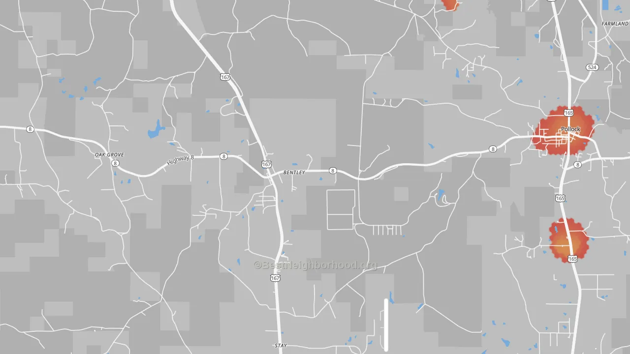 Walk Grade map of Bentley, LA, walkable areas in green and car-dependent areas in red