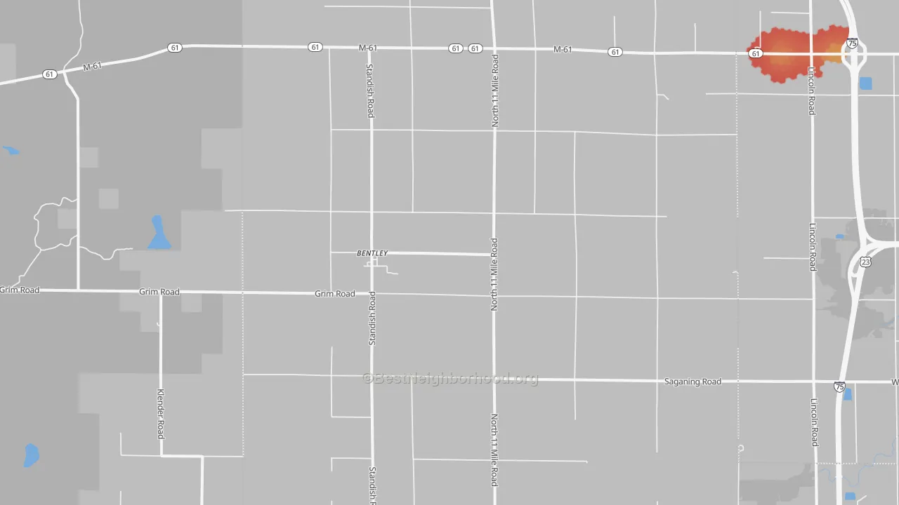 Walk Grade map of Bentley, MI, walkable areas in green and car-dependent areas in red