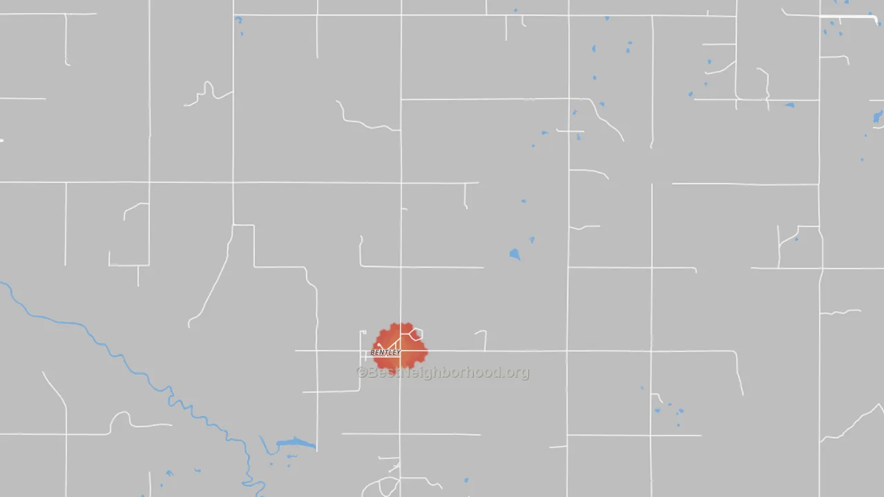Walk Grade map of Bentley, OK, walkable areas in green and car-dependent areas in red
