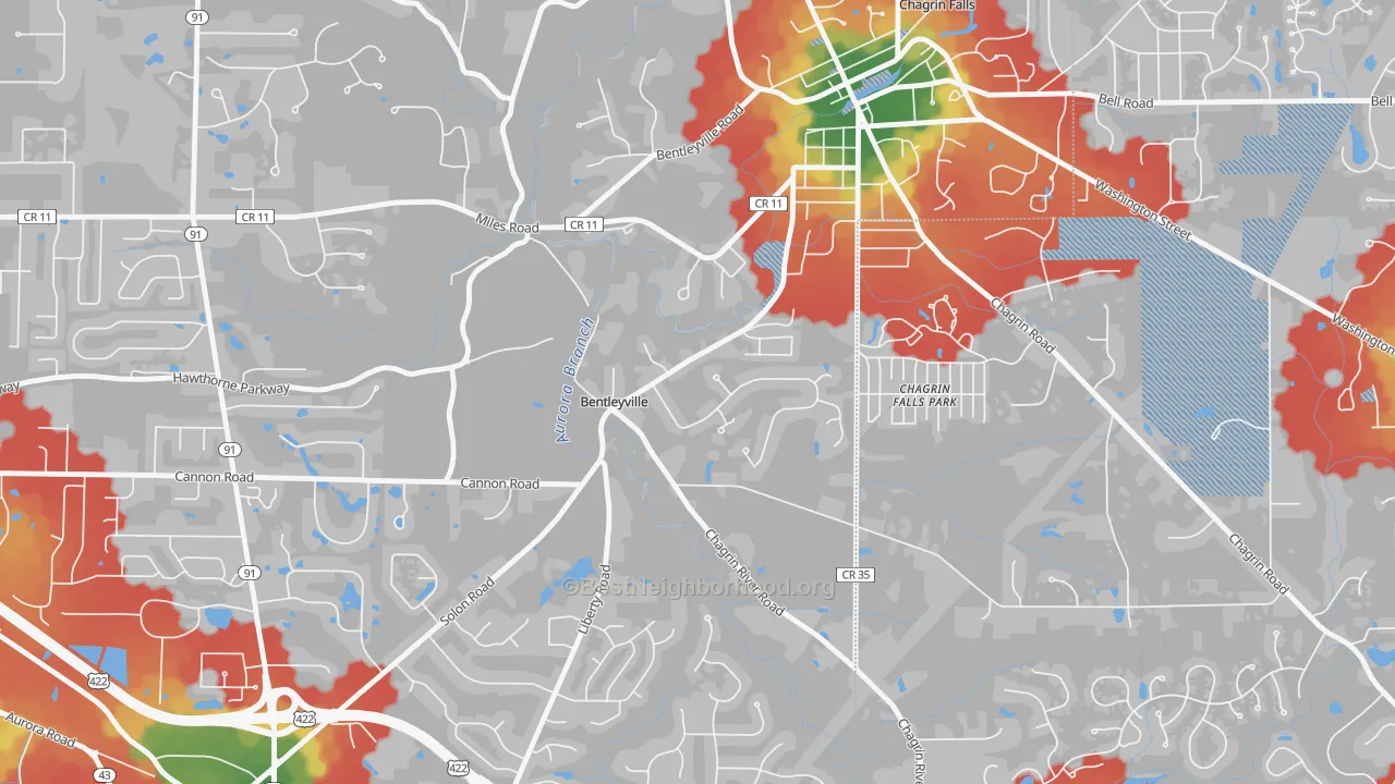 Walk Grade map of Bentleyville, OH, walkable areas in green and car-dependent areas in red