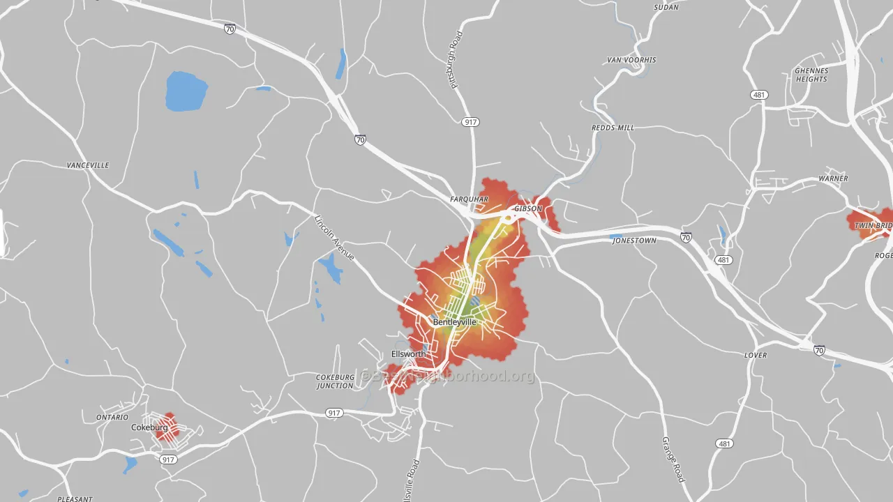Walk Grade map of Bentleyville, PA, walkable areas in green and car-dependent areas in red