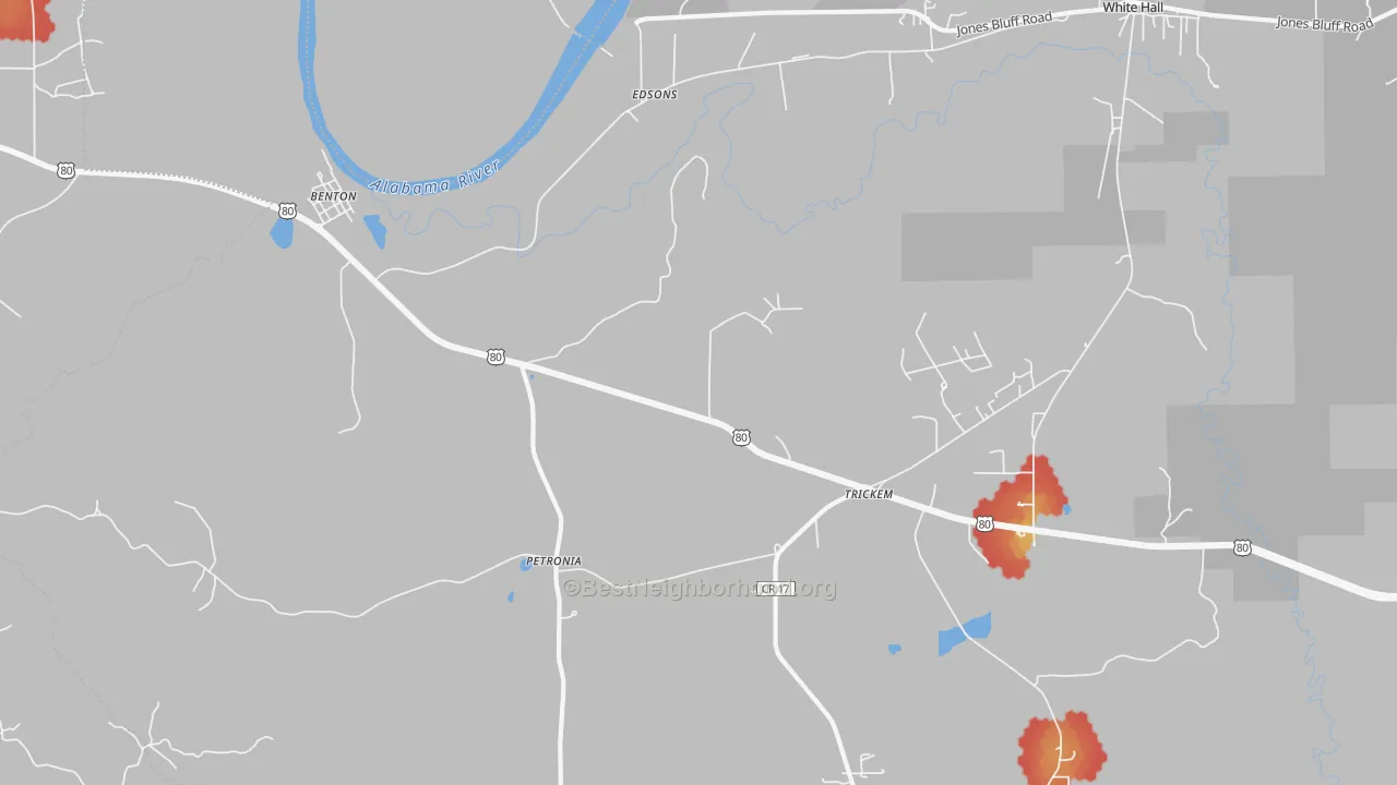 Walk Grade map of Benton, AL, walkable areas in green and car-dependent areas in red