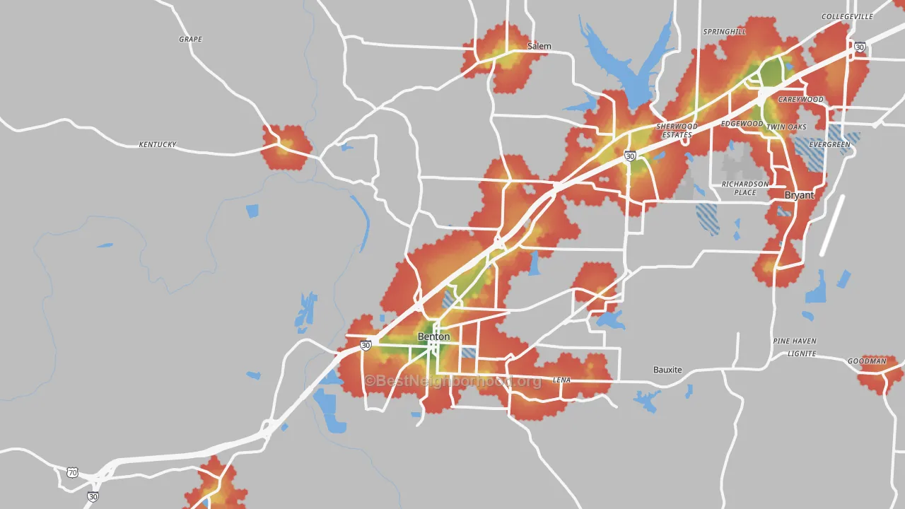 Walk Grade map of Benton, AR, walkable areas in green and car-dependent areas in red