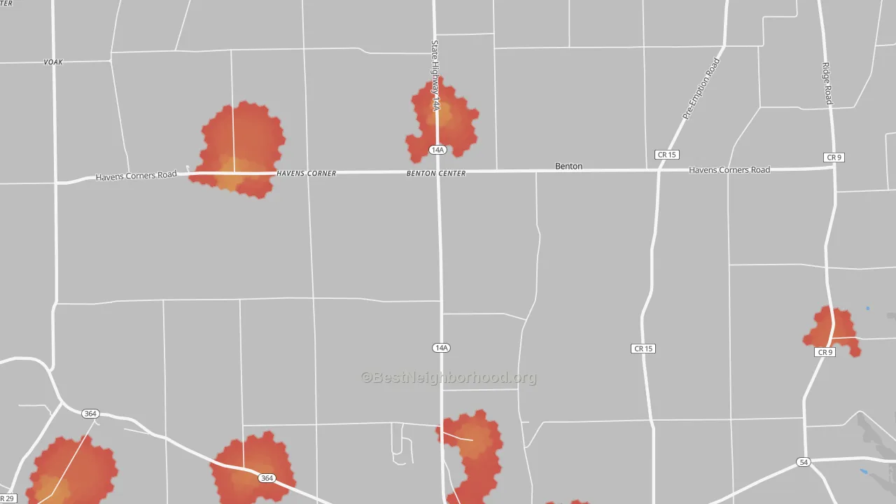 Walk Grade map of Benton Center, NY, walkable areas in green and car-dependent areas in red