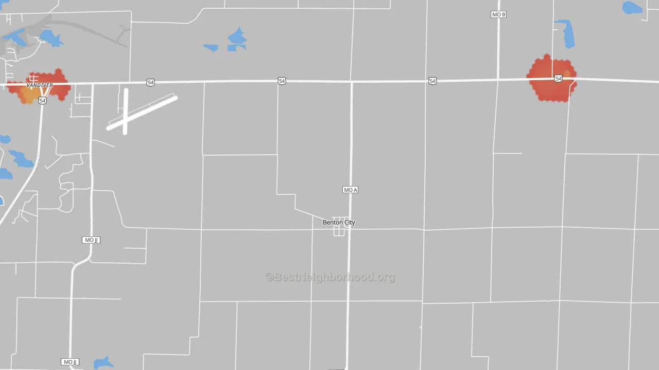Walk Grade map of Benton City, MO, walkable areas in green and car-dependent areas in red