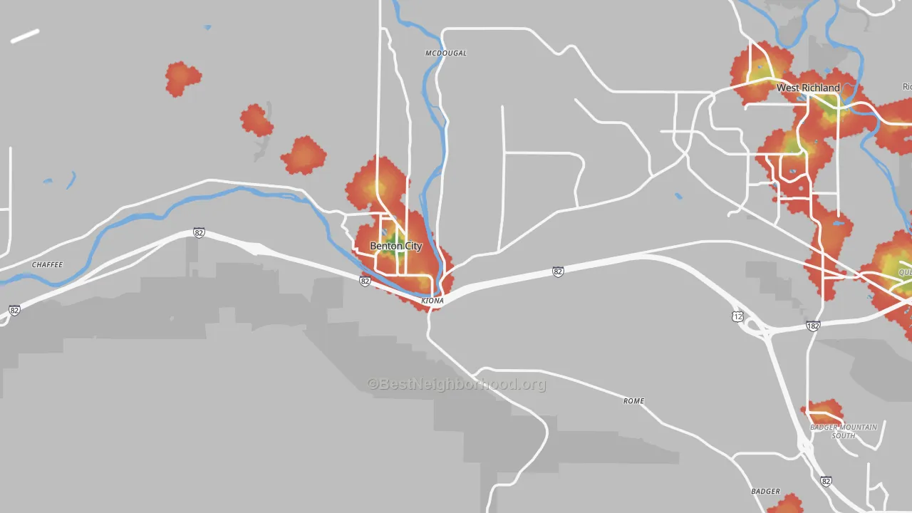 Walk Grade map of Benton City, WA, walkable areas in green and car-dependent areas in red