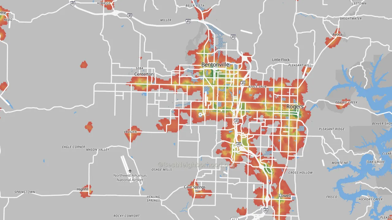 Walk Grade map of Benton County, AR, walkable areas in green and car-dependent areas in red