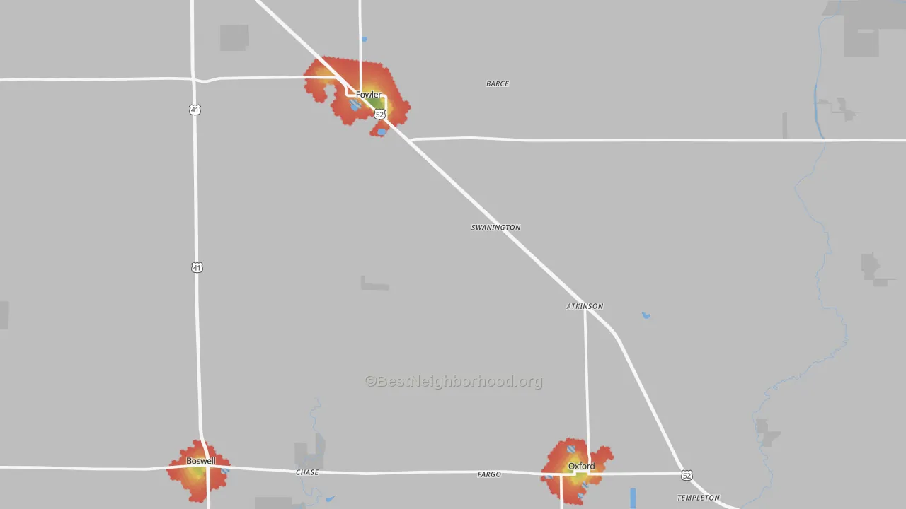 Walk Grade map of Benton County, IN, walkable areas in green and car-dependent areas in red
