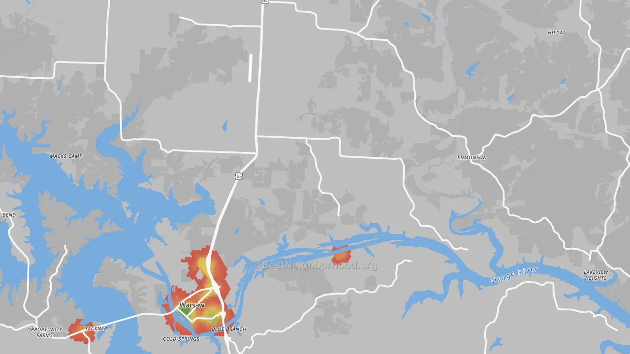 Walk Grade map of Benton County, MO, walkable areas in green and car-dependent areas in red