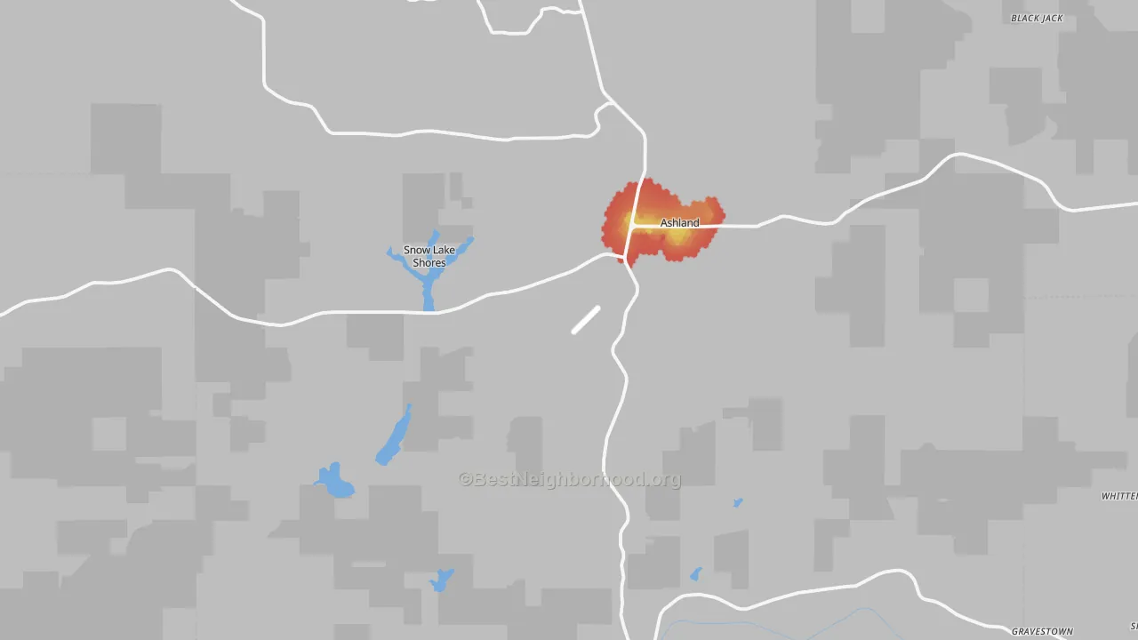 Walk Grade map of Benton County, MS, walkable areas in green and car-dependent areas in red