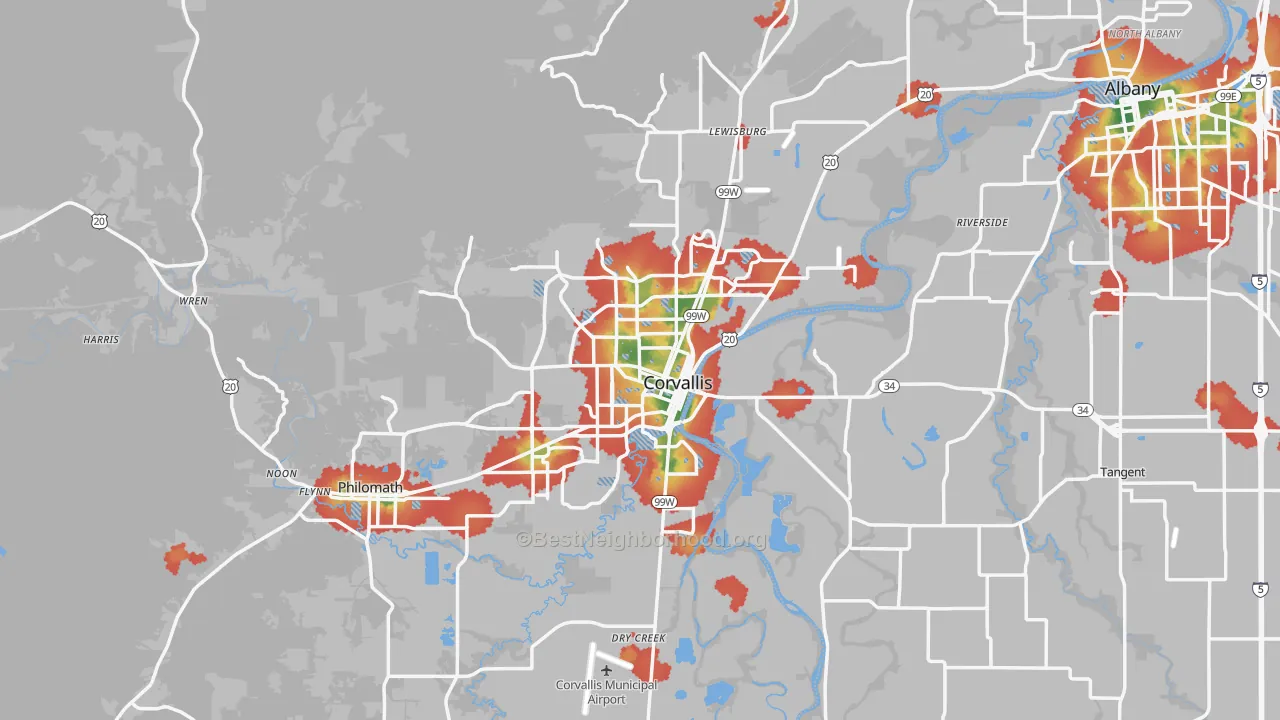 Walk Grade map of Benton County, OR, walkable areas in green and car-dependent areas in red