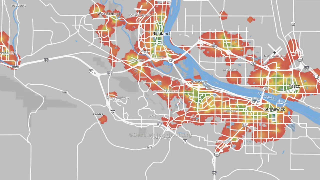 Walk Grade map of Benton County, WA, walkable areas in green and car-dependent areas in red