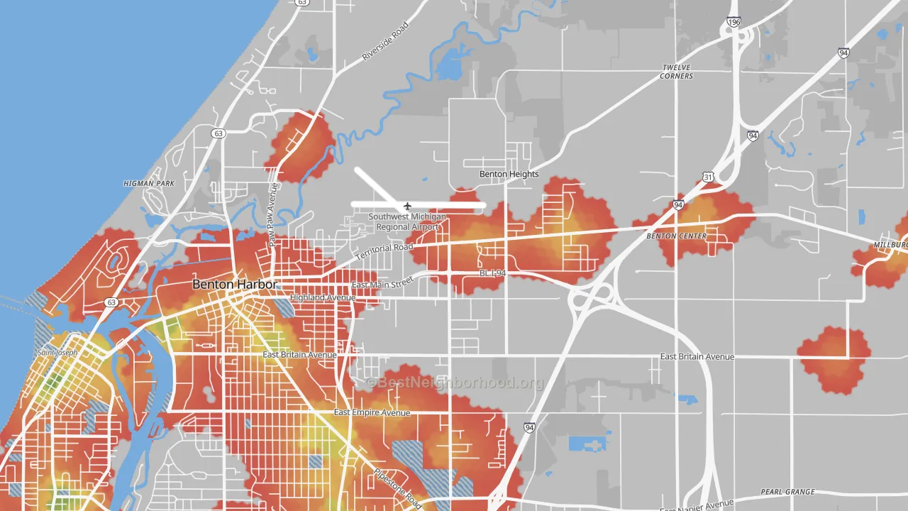 Walk Grade map of Benton Heights, MI, walkable areas in green and car-dependent areas in red