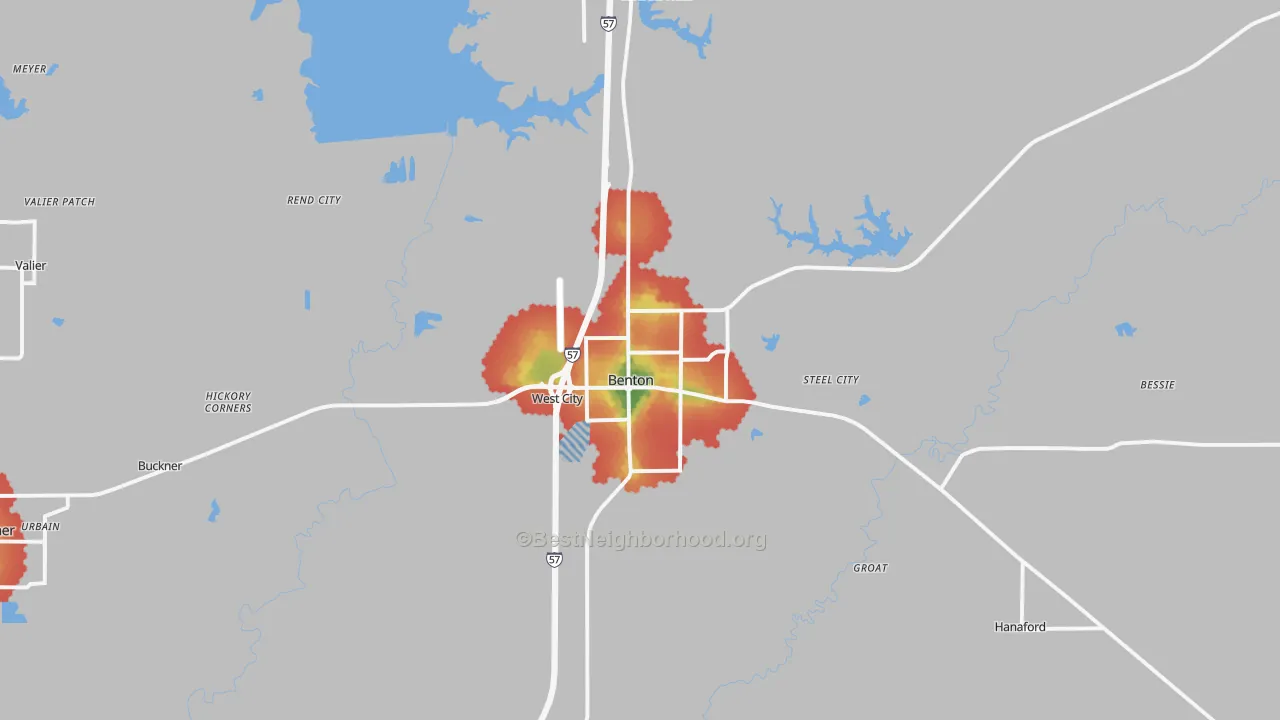 Walk Grade map of Benton, IL, walkable areas in green and car-dependent areas in red