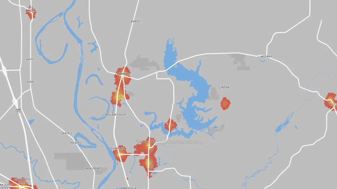 Walk Grade map of Benton, LA, walkable areas in green and car-dependent areas in red
