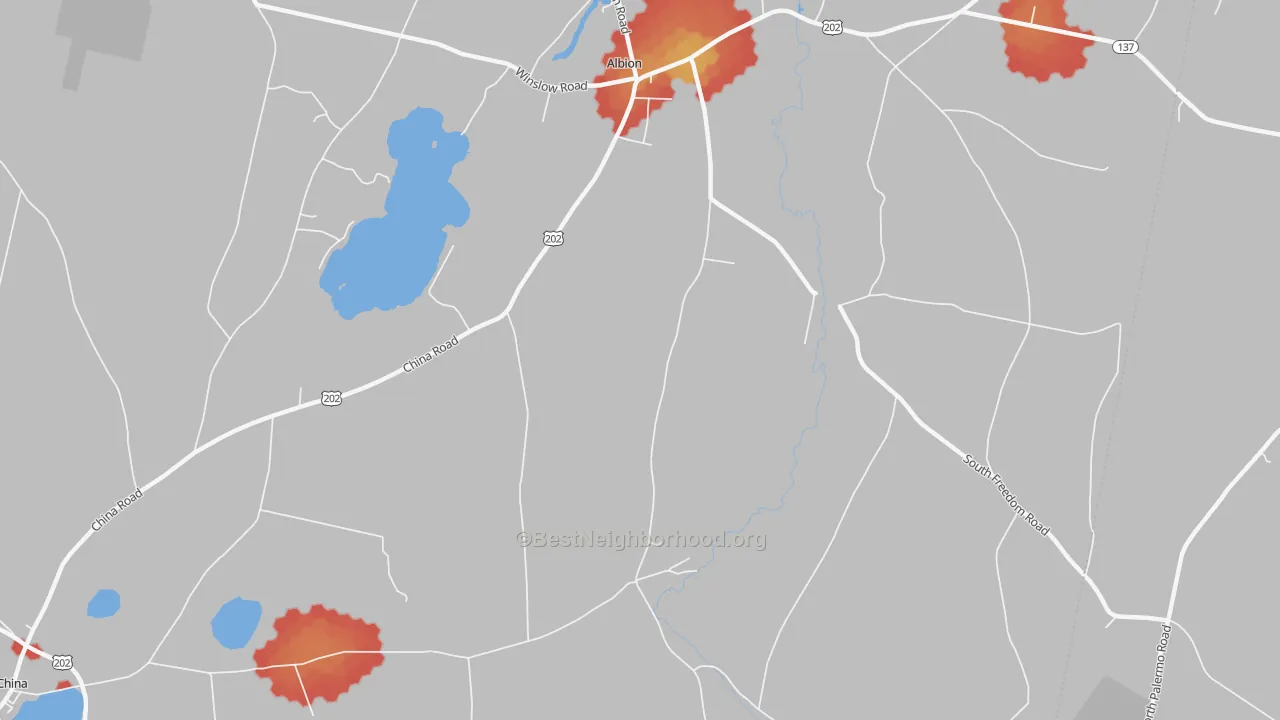 Walk Grade map of Benton, ME, walkable areas in green and car-dependent areas in red