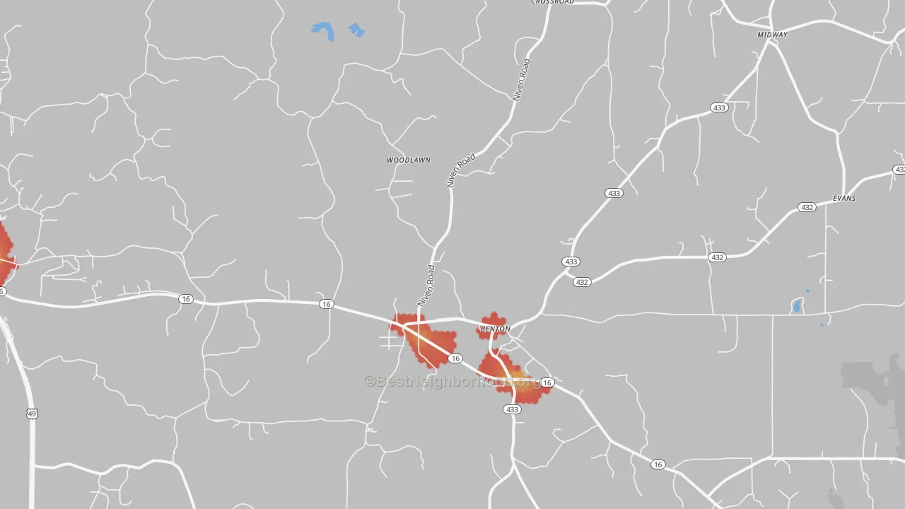 Walk Grade map of Benton, MS, walkable areas in green and car-dependent areas in red