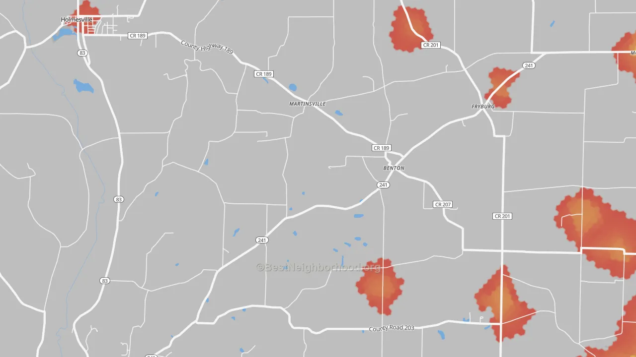 Walk Grade map of Benton, OH, walkable areas in green and car-dependent areas in red