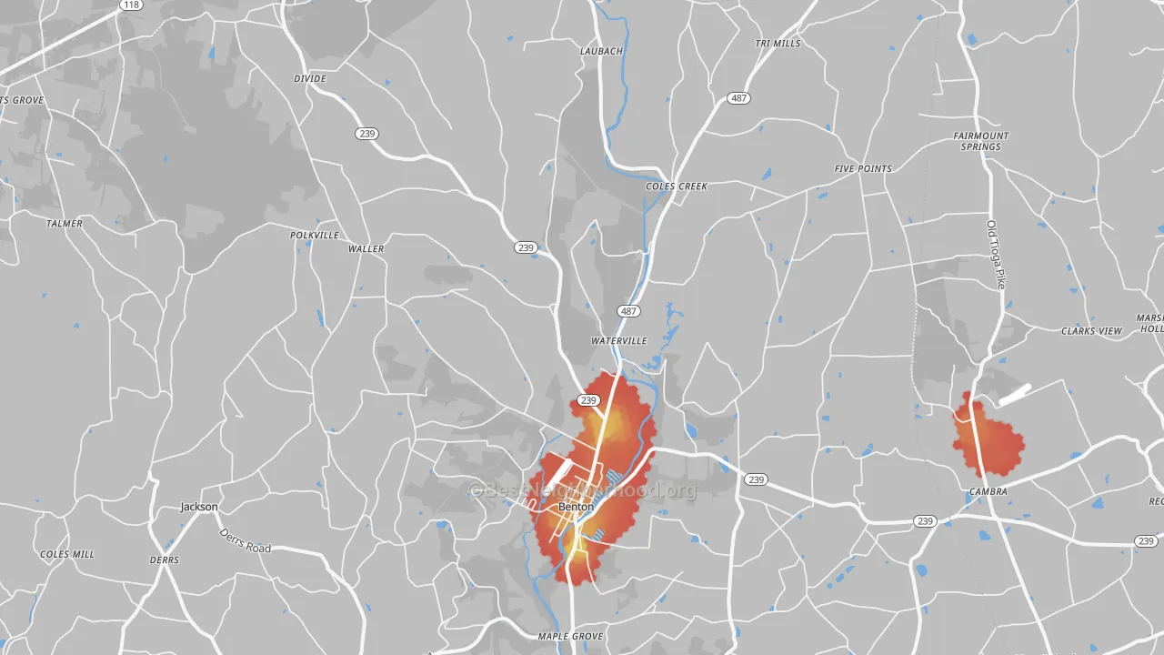 Walk Grade map of Benton, PA, walkable areas in green and car-dependent areas in red