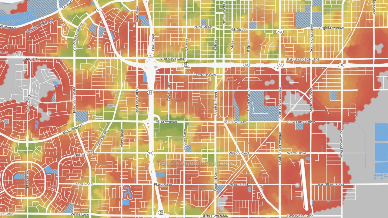 Walk Grade map of Benton Park, Bakersfield, CA, walkable areas in green and car-dependent areas in red
