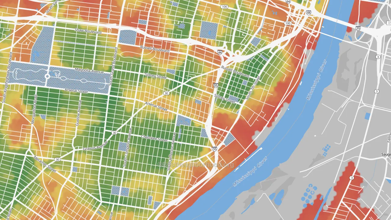 Walk Grade map of Benton Park, St. Louis, MO, walkable areas in green and car-dependent areas in red