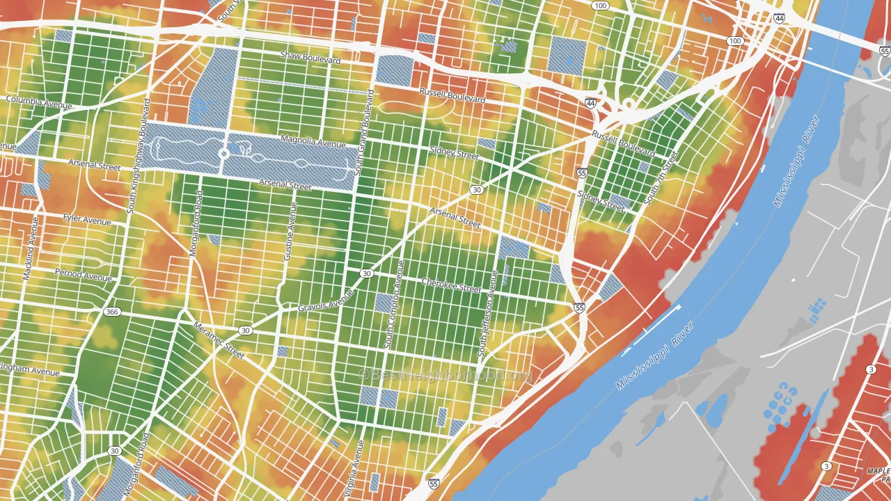 Walk Grade map of Benton Park West, St. Louis, MO, walkable areas in green and car-dependent areas in red