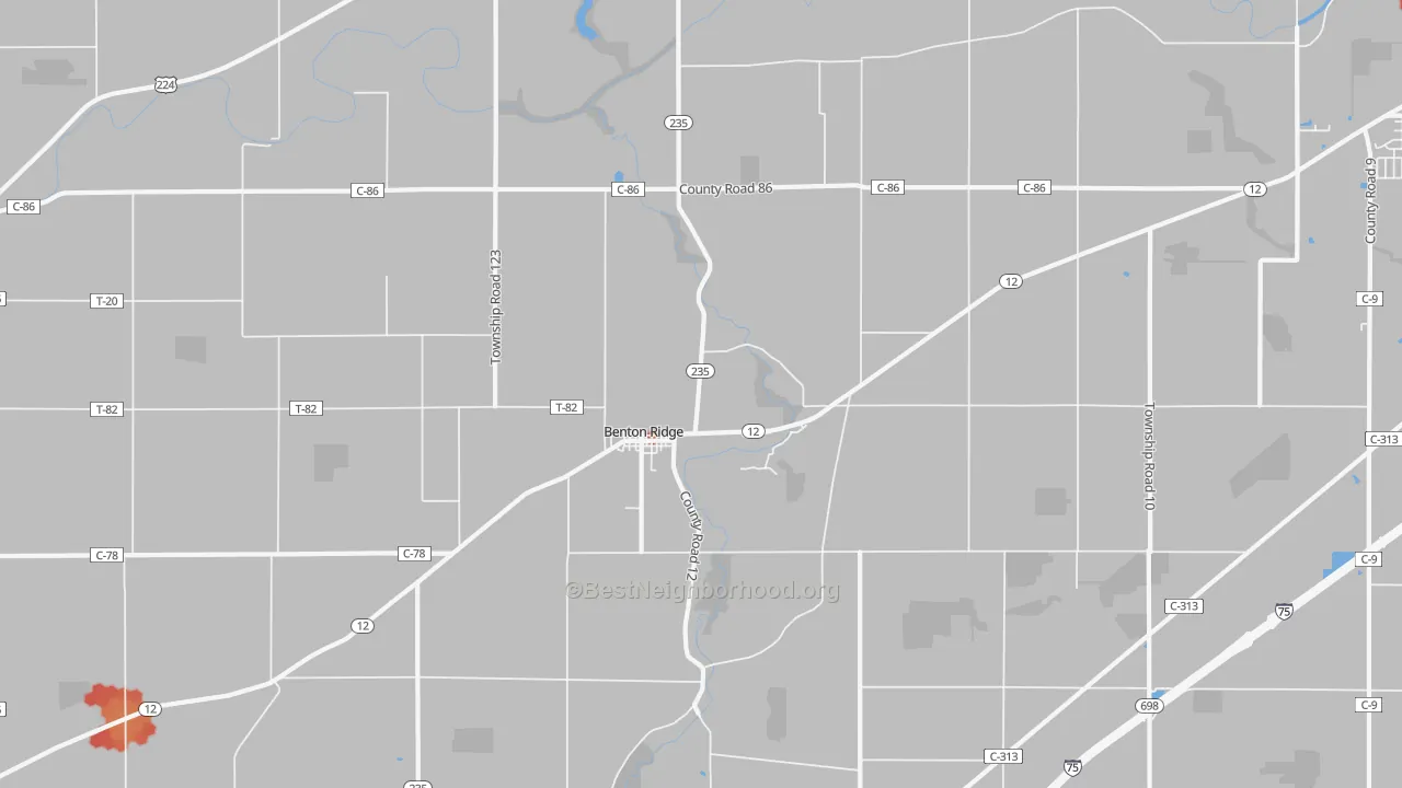 Walk Grade map of Benton Ridge, OH, walkable areas in green and car-dependent areas in red