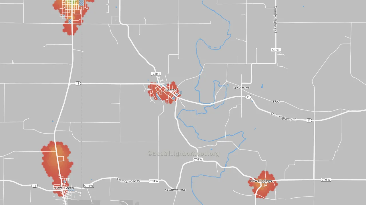 Walk Grade map of Benton, WI, walkable areas in green and car-dependent areas in red