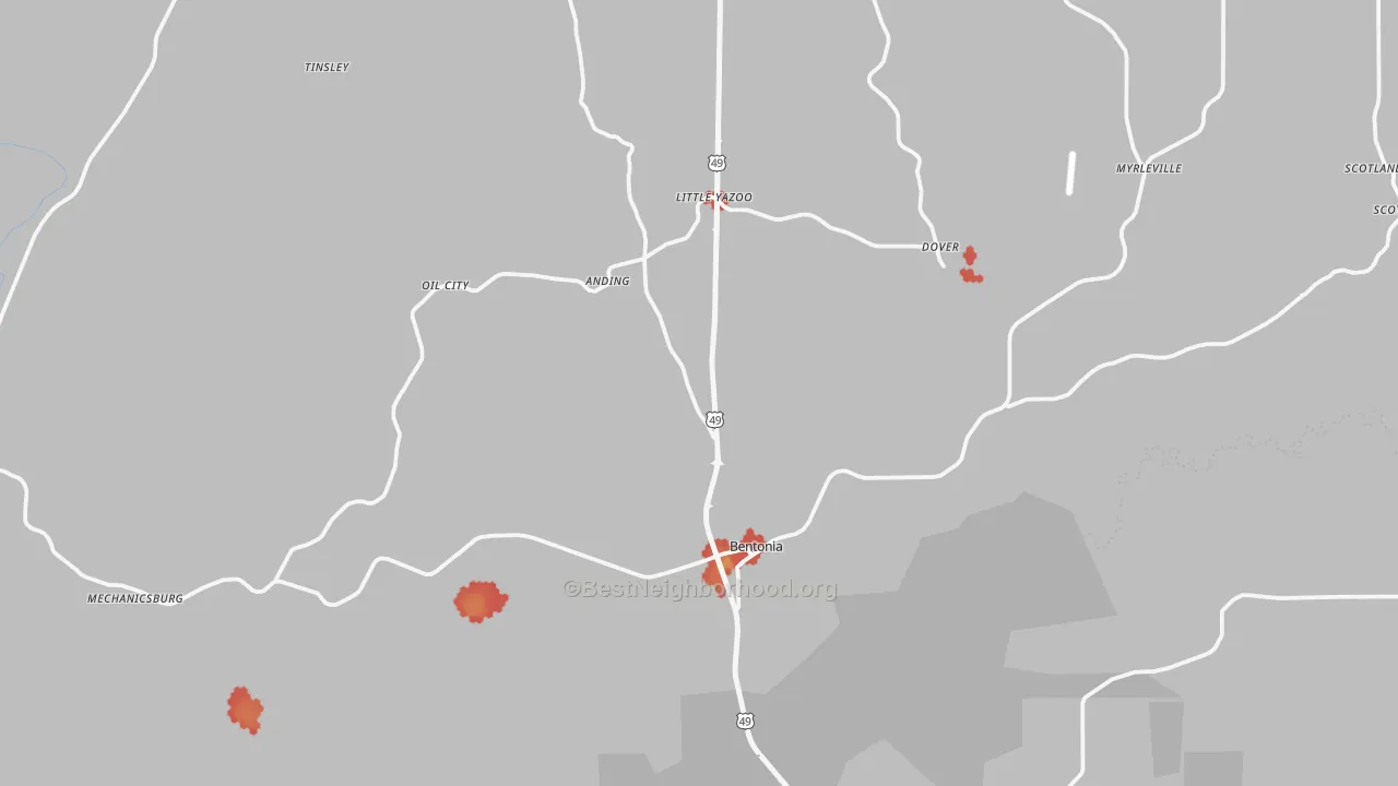 Walk Grade map of Bentonia, MS, walkable areas in green and car-dependent areas in red