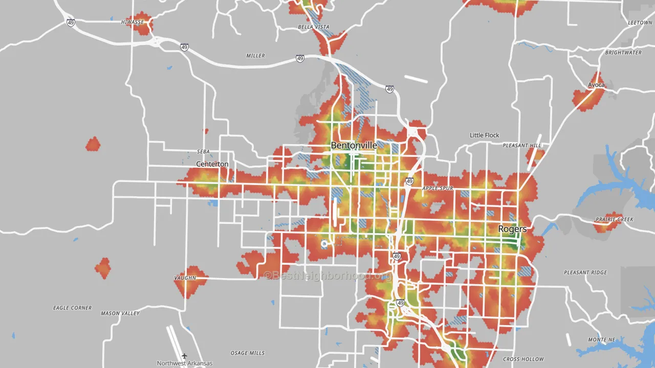 Walk Grade map of Bentonville, AR, walkable areas in green and car-dependent areas in red