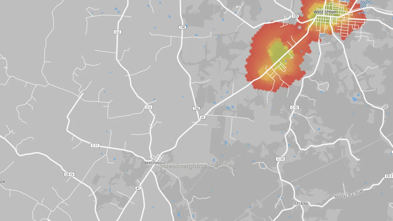 Walk Grade map of Bentonville, OH, walkable areas in green and car-dependent areas in red