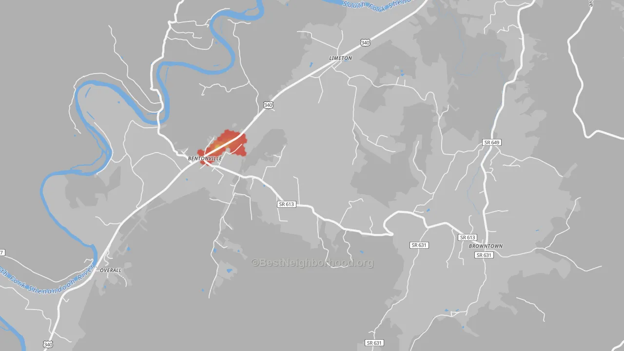 Walk Grade map of Bentonville, VA, walkable areas in green and car-dependent areas in red