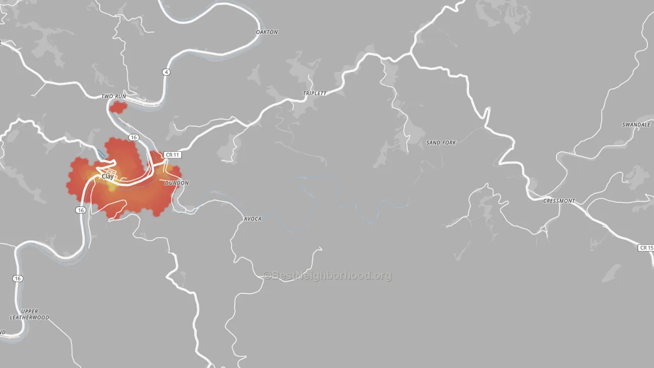 Walk Grade map of Bentree, WV, walkable areas in green and car-dependent areas in red