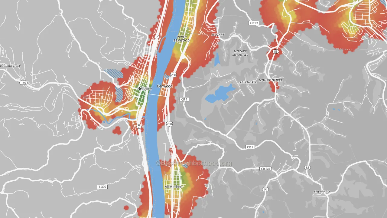 Walk Grade map of Benwood, WV, walkable areas in green and car-dependent areas in red