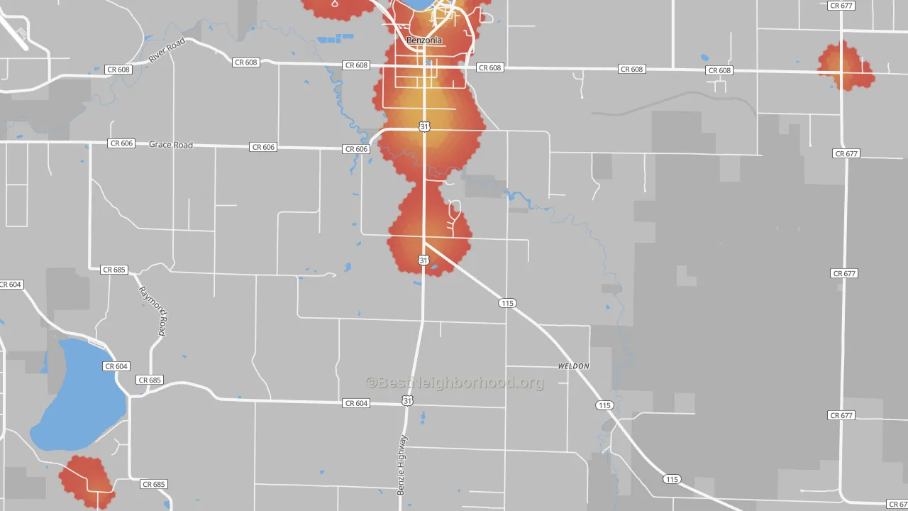 Walk Grade map of Benzonia, MI, walkable areas in green and car-dependent areas in red