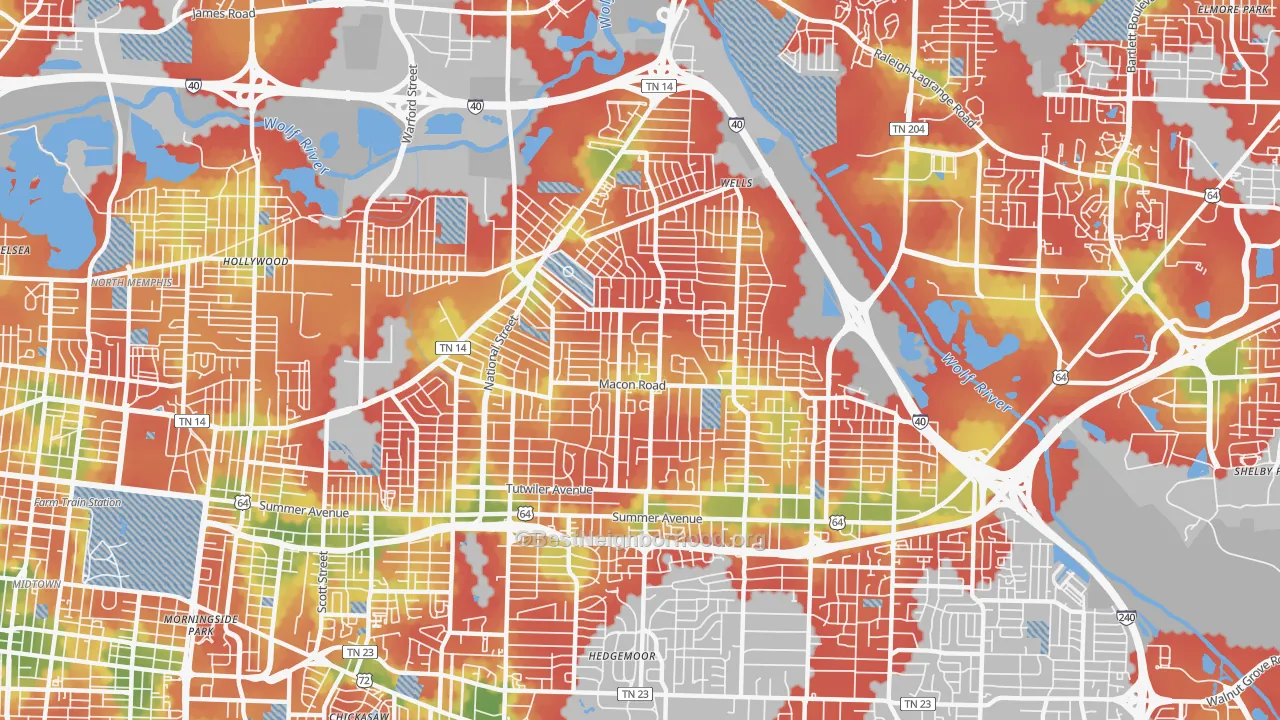 Walk Grade map of Berclair-Highland Heights, Memphis, TN, walkable areas in green and car-dependent areas in red