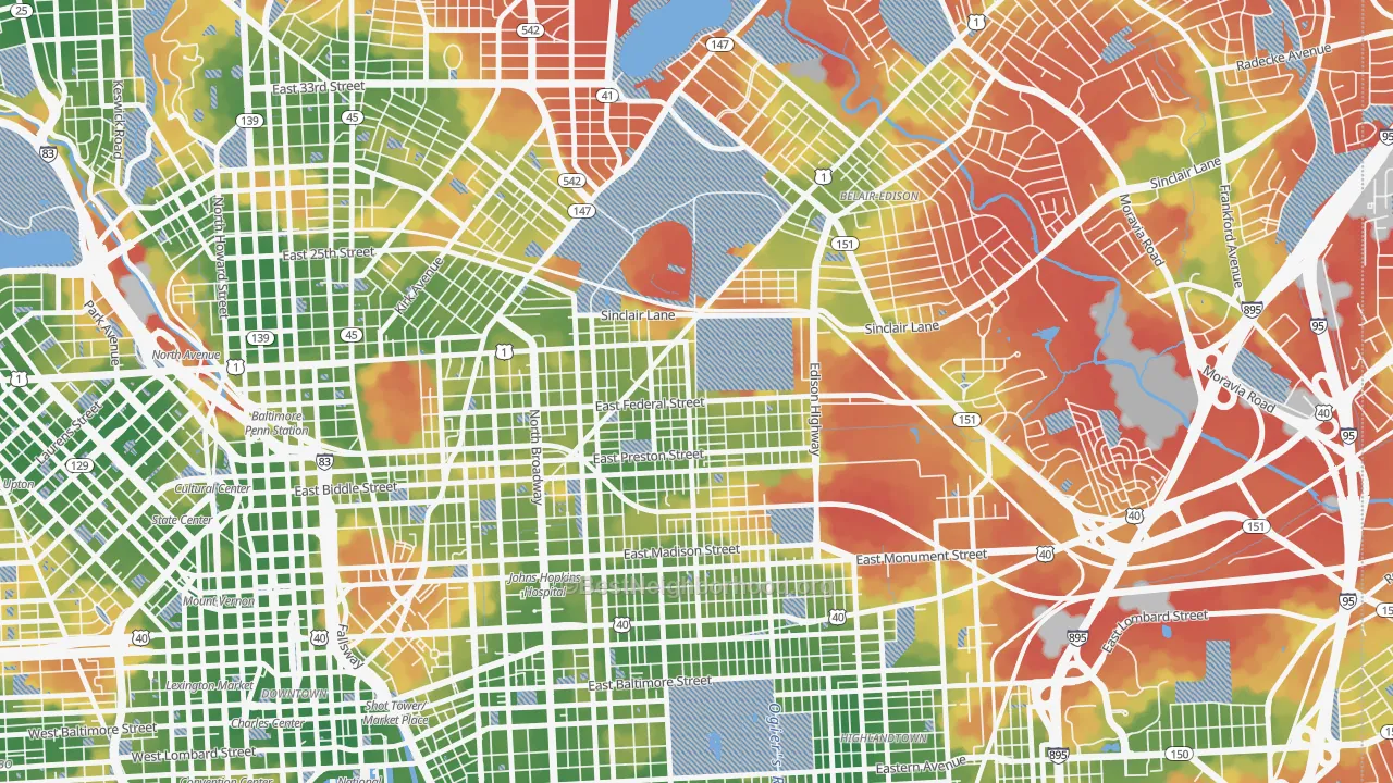 Walk Grade map of Berea, Baltimore, MD, walkable areas in green and car-dependent areas in red