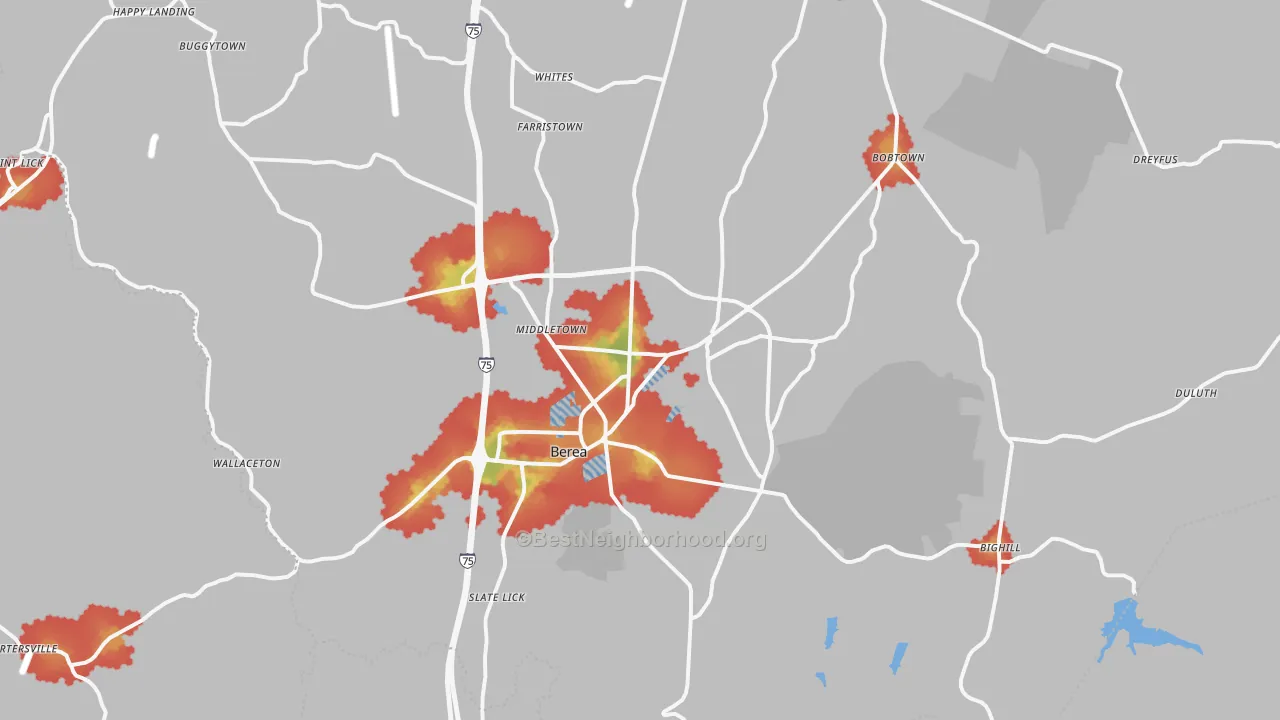 Walk Grade map of Berea, KY, walkable areas in green and car-dependent areas in red